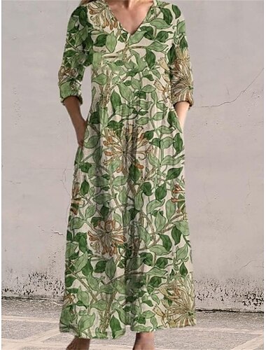  Damen Maxikleid Baumwoll-Leinen-Kleider Baumwoll-Leinenkleid Lässig Täglich Normale Passform Blumen Dreiviertelarm V Ausschnitt Gelb Grün Grau Frühling Herbst