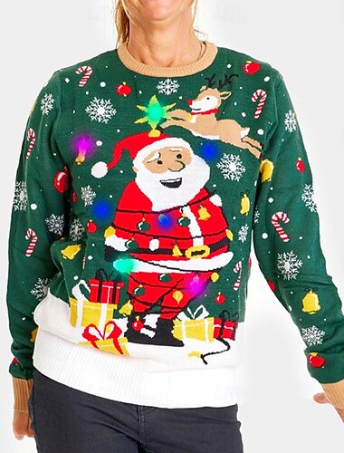  Papá Noel Suéter navideño feo Pullover Saltador De Punto Iluminar Mujer Navidad Año Nuevo Nochebuena Navidad Innovador Gracioso Adultos Fiesta Navidad Cima