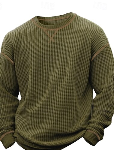  Homme T-shirt gaufré T-shirt Tee-shirt Tricot Gaufre manche longue Col ras du cou Été Printemps Automne Couleur Unie Tricots Mode Quotidien Bloc de Couleur Formel Extérieur Maison Noir Vert T-shirt