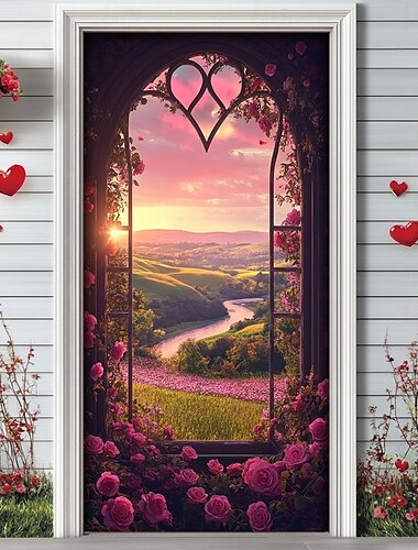  Bruiloft Buiten Decoraties Deur Covers Deur Wandtapijt Deur Gordijn Decoratie Achtergrond Binnen/Buiten Deur Banner voor Voordeur Boerderij Raam Uitzicht Rozen