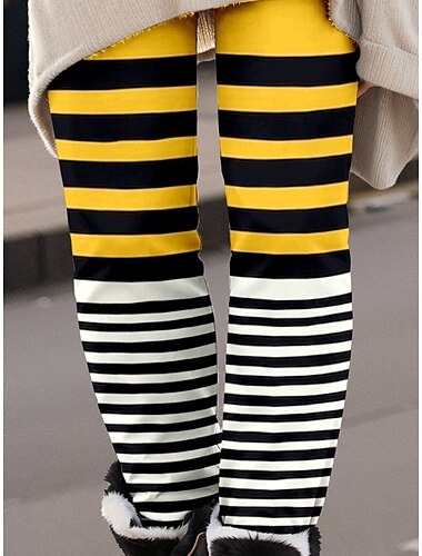  Damen Leggings Hosen Mode Streetwear Voll Länge Hohe Taille Streifen Druck Thermo Warm Atmungsaktiv Soft Mikro-elastisch Outdoor Alltag Gelb Herbst Winter Reguläre Passform