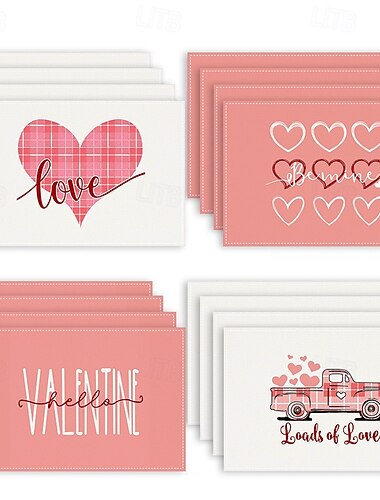  Juego de 4 manteles individuales para el día de San Valentín, manteles individuales románticos y decorativos con patrones de corazones o rosas, duraderos y resistentes al calor, perfectos para agregar