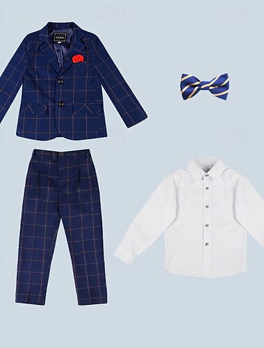  3/4/5 Stück Ring-Träger Anzug Jungen kinderkleidung Anzug Formeller Anzug Blazer & Weste & Hosen Formal Party Valentinstag Modisch Cool Plaid Tasche Marineblau Polyester