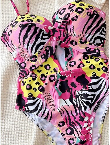  Damen Badeanzug Ein Stück Monokini Bademode Rückenfrei Bauchkontrolle Hohe Taillenlinie Schlank Urlaub Strandbekleidung Leopard V Ausschnitt Ärmellos Badeanzüge