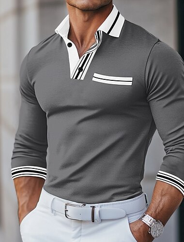  Homme Polos Polos de golf Plein Air Entreprise Col rabattu Col polo côtelé manche longue Mode basique Couleur unie Patchwork Bloc de couleur Automne Hiver Toutes Saisons Standard Blanche Rouge
