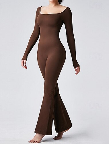  Damen Overall Trainingsanzug Einteiler Weite Hosen Feste Farbe Bodysuit Einteiler Schwarz Kaffee Yoga Fitness Fitnesstraining Atmungsaktiv Weich Langarm Sport Sportkleidung elastisch Schlank