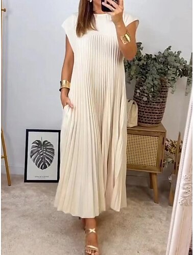  Robe casual Femme Robe Maxi Couleur unie Mode Vêtement de rue Soirée Bureau du quotidien Plissé Sans Manches Col Ras du Cou Robe Standard Noir Jaune Beige Eté S M L XL XXL