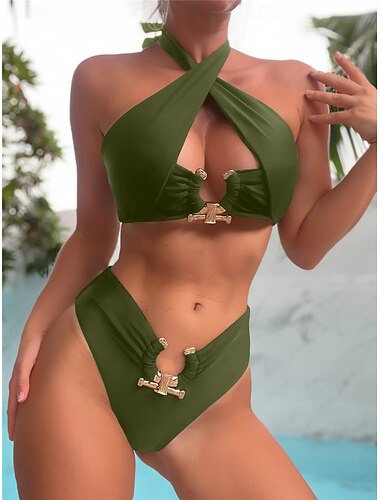  Dámské Plavky Bikiny 2 ks Odvážné Plavky Volná záda Vysoký pas Štíhlý prázdniny Oblečení na pláž Pevná barva Krk ohlávky Bez rukávů Plavky