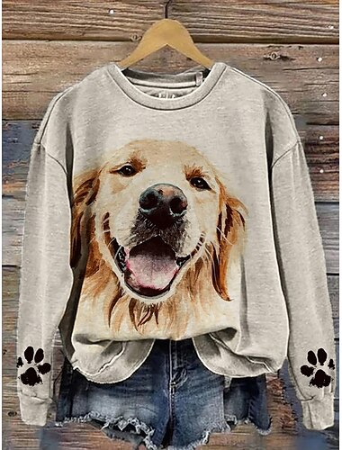  Jersey de mujer, informal, para uso diario, con cuello redondo, estampado, manga larga, color beige, para otoño e invierno