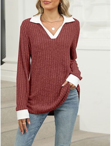  Damen T Shirt Glatt Modisch Modern Brautkleider schlicht Langarm V Ausschnitt Normale Oberteile Täglich Wochenende Schwarz Rote Blau Herbst Winter