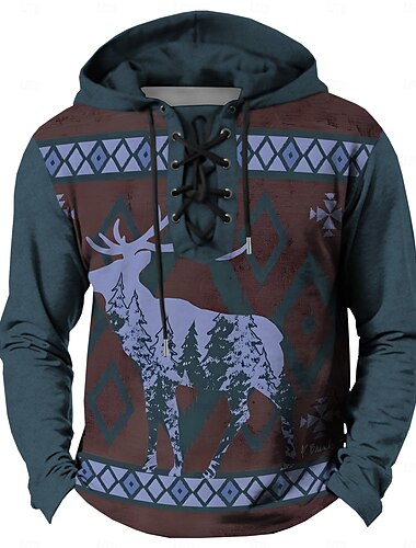  Męskie Kowboj Jeleń Z kapturem Bluza z Kapturem Bluza z kapturem Kaptur Codzienny Druk 3D Urlop Streetwear Czerwonobrązowy Niebieski Ściągana na sznurek Jesień Zima Projektant