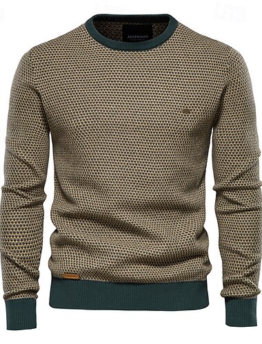  Herr Tröja Pullover tröja Stickat Ribbad Sticka Vanliga toppar Färgblock Rund hals Stickat Neutral Utomhus Kläder Vår & Höst Svart Rubinrött S M L