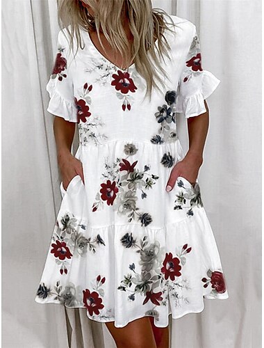  Frauen floral brief v-ausschnitt mini kleid kurzarm sommer frühling