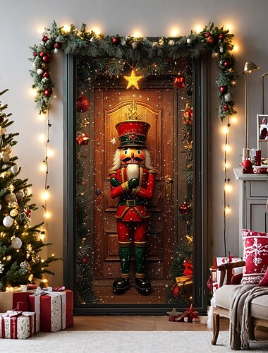  juledørdekorationer dørdæksler krans juletræ julemand nøddeknækker dør gobelin dør gardin dekoration baggrund indendørs/udendørs dør banner til hoveddør stuehus