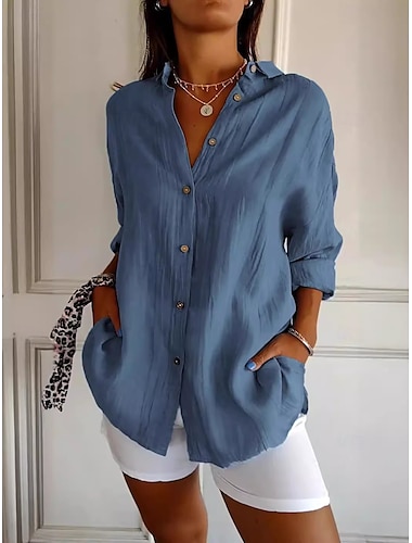  Dames Overhemd Katoenen linnen overhemden Knoop omhoog Blouse Effen Kleur Basic Casual Lange mouw Bisschop Overhemdkraag Normale tops Vakantie Dagelijks Lapwerk Knop Blozend Roze blauw Khaki Herfst