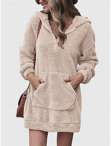  Mujer Vestido con capucha Mini vestido Bolsillo Vellón Casual Con Capucha Manga Larga Rosa Caqui Gris Color