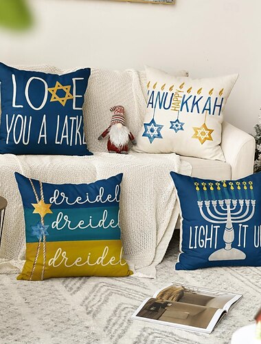  Dekorativer Kissenbezug „Happy Chanukka“, 4-teilig, weicher, quadratischer Kissenbezug für Schlafzimmer, Wohnzimmer, Sofa, Couch, Stuhl