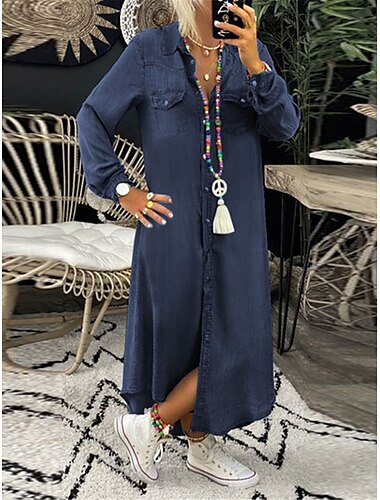  Damen Jeanskleider Minikleid Knopf Tasche Brautkleider schlicht Hemdkragen Langarm Schwarz Blau Dunkelblau Farbe