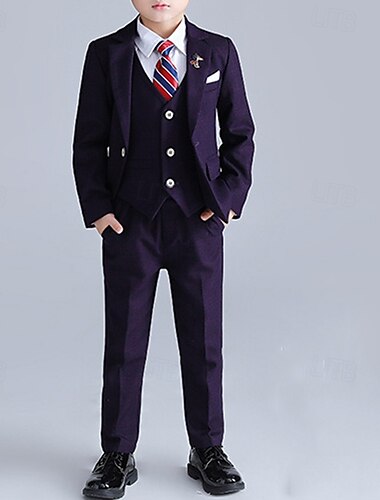  4 Stück Ring-Träger Anzug Jungen kinderkleidung Anzug Formeller Anzug Blazer & Weste & Hosen & Brosche & Krawatte Formal Party Valentinstag Modisch Cool Plaid Tasche Blau Purpur Polyester