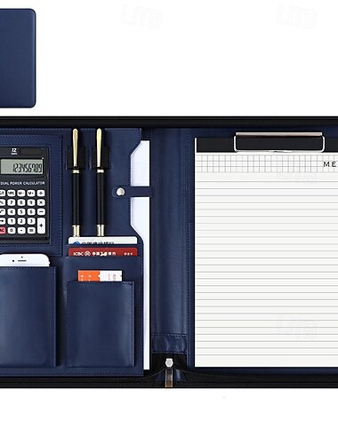  Businesstasche aus veganem Leder, Business-Portfolio mit Reißverschluss, All-in-One-Schreibmappe. Intelligenteste Schutzhülle für Tablet, Präsentationsfach, Taschenrechner, Kartenfach, Schreibblock