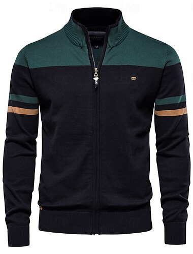  Herren Strickjacke Gerippt Stricken Normale Oberteile Reißverschluss Farbblock Stehkragen Strickware Neutral Outdoor Bekleidung Frühling & Herbst Schwarz Blau S M L