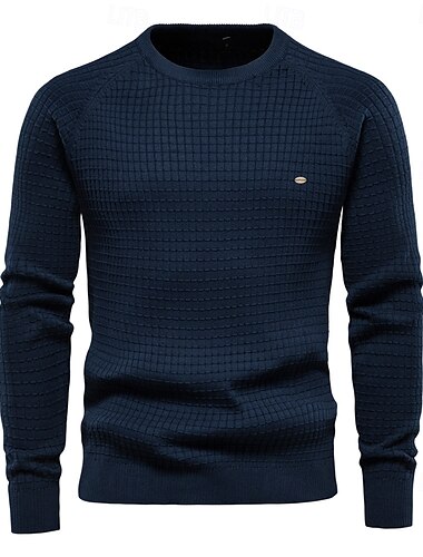  Herren Pullover Strickware Gerippt Stricken Normale Oberteile Karomuster Rundhalsausschnitt Strickware Neutral Outdoor Alltagstauglich Bekleidung Frühling & Herbst Marineblau Blau S M L