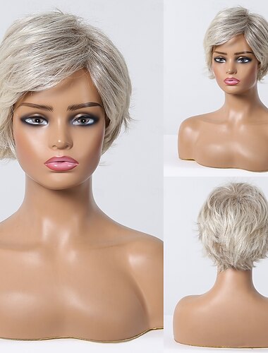 Miscela di capelli umani Parrucca Corto Liscio Diritto naturale Taglio medio corto Taglio corto spettinato Parte laterale Taglio scalato Biondo Cosplay Bigodino e piastra per capelli Attaccatura dei