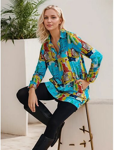  robe chemise courte en rayonne graffiti à revers et revers