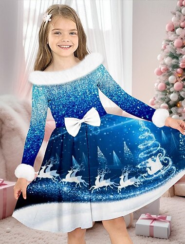  Jul Jenter' 3D Hver Fargegradering Julekjole Kjole Snowflake kjole Langermet 3D-utskrift Høst Vinter Sport & Utendørs Daglig Ferie søt stil Fritid Vakker Barn 3-12 år Uformell kjole Swingkjole Kjole