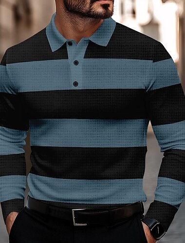  Herr Randig Våffelpikétröjor Golftröja Långärmad Polotröjor Skjortor med krage Ledigt Business Casual Hem Kontor Vardag Knappar 3D-utskrift Vår Höst Vinter Svartvit Blå Grå