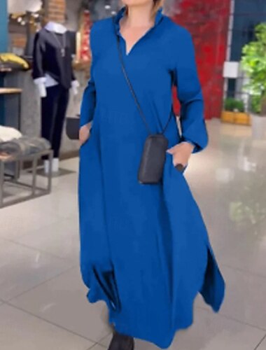  Damen schwarzes kleid Maxidress Rüschen Drapiert Elegant Ausgefallene V Ausschnitt Langarm Schwarz Rote Blau Farbe