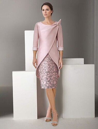  Roze Geborduurde Twee Stuk Sheath Jas Jurk Pak Moeder van de Bruid Jurk Satijn Kant Elegant Vintage Sprankelen  Schitteren V Hals Knie Lengte Glitter met Applicaties Derby Jurk Race Dag Jurk 2025