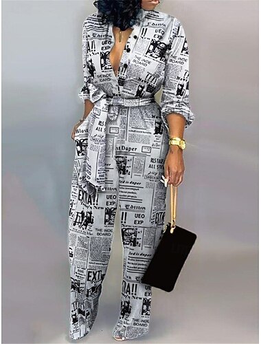  Damen Normal Jumpsuit Aktiv Leopard Langarm Hemdkragen Hohe Taillenlinie Urlaub Täglich Regular Fit Weiß Braun Grau Sommer