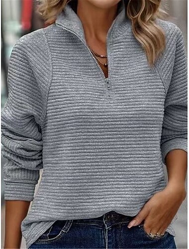  Damen Sweatshirt lässig strukturiert schlicht Street Alltagskleidung Rollkragen Reißverschluss Langarm weiß rosa grau Herbst Winter