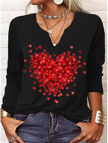  Valentin Damen Herz T-Shirt Lässig Reguläre Tops Langarm V-Ausschnitt Asymmetrischer Hals Patchwork Druck Reguläre Passform Urlaub Täglich Schwarz Herbst Winter