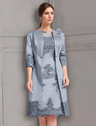  Sheath  Column Kleid Anzug Brautmutterkleid Elegantes Vintage Juwel-Ausschnitt Knie-Länge Satin Spitze 3/4 Länge Ärmel Jackett Kleider mit Applikationen Derby Kleid Renntag Kleid 2025
