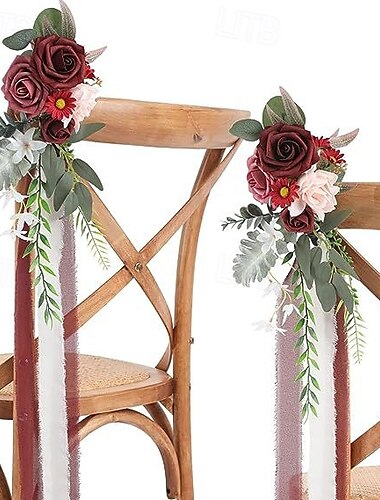  Hochzeitsgangdekorationen, weiße Kirchenbankblumen für die Hochzeitszeremonie, Partystuhldekoration mit künstlichen Blumen, Eukalyptus und Bändern