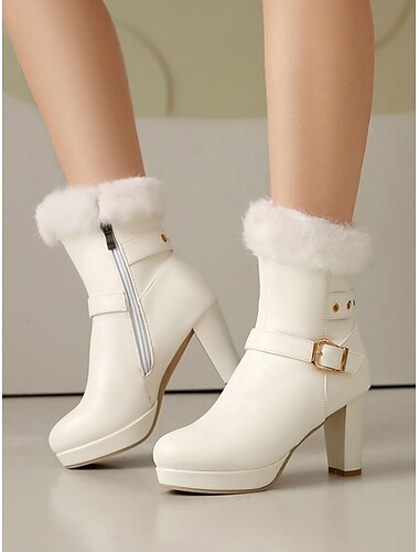  Schwarze Plateaustiefeletten für Damen mit Kunstfell-Umschlag, Schnallendetail und hohem Blockabsatz – stylisches Winterschuhwerk für Partys und die Freizeit