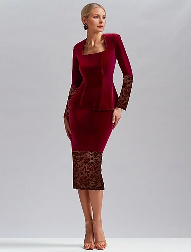  Robe fourreau Costume Mère de la Mariée Robe Élégante À encolure carrée Mi-longue en velours à manches longues avec robe Derby de couleur unie Robe de jour de course 2025