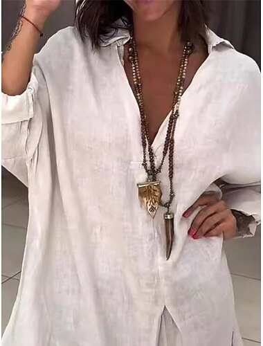  Mujer Camisa Camisas de algodón y lino Abotonar Blusa Color sólido Básico Casual Manga Larga Cuello Camisero Tops regulares Diario Costura asimétrica Blanco Otoño Invierno
