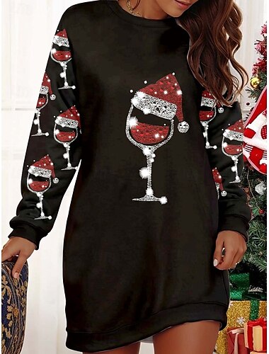  Damen Maxi Kleid Sweatshirt Kleid Lässiges Kleid Petit Kleid Shift Kleid Elegant Stilvoll Weihnachten Urlaub Party Reguläre Passform Weihnachtsmann Langarm Crew Neck Schwarz Und Weiß Schwarz Hell