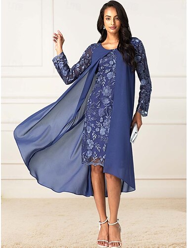  Damen Hochzeitsgastkleid Chiffon Spitzenkleid Cocktailkleider Abendkleider Langarm Cocktailparty blau Frühling Sommer Herbst