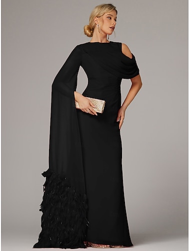  Etui-Abendkleid, elegantes Kleid, formelle Herbst-Schleppe, ärmellos, bodenlang, Wasserfallausschnitt, Chiffon mit Federn, gerüschtem Schlitz, 2025
