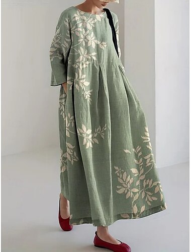  Femmes Robe maxi Robes inspirées du lin Occasionnel Quotidien Coupe régulière Fleuri Manche 3/4 Col ras du cou Rouge Bleu Vert Été Printemps Automne