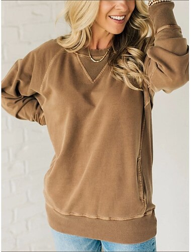  felpa da donna casual semplice strada abbigliamento quotidiano girocollo tasca manica lunga rosso cachi grigio autunno inverno