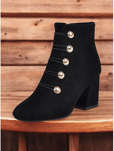  Burgunderfarbene Stiefeletten für Damen – Blockabsatz aus Wildleder mit goldenen Knopfverzierungen, Schnürdesign, perfekt für Herbst- und Winteroutfits