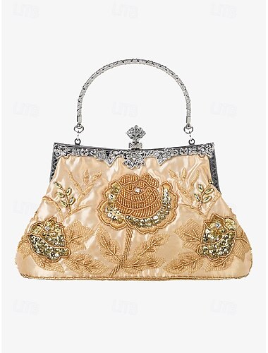  Grüne Vintage-Handtasche aus Samt für Damen mit Blumenstickerei aus Perlen und Metallrahmen – elegante Abendtasche