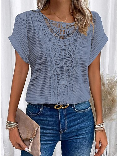  Dame T skjorte Helfarge Elegant Stilfull Kortermet Crew-hals Daglig Strand Uthult Rosa Blå Beige Sommer