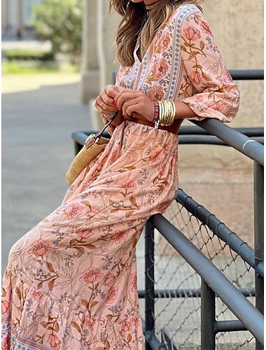  Damen Maxidress Casual kleid Schaukelkleid A Linie Kleid Boho-Kleid Brautkleider schlicht Täglich Regular Fit Blumen 3/4 Ärmel V Ausschnitt Rosa Sommer Frühling Herbst