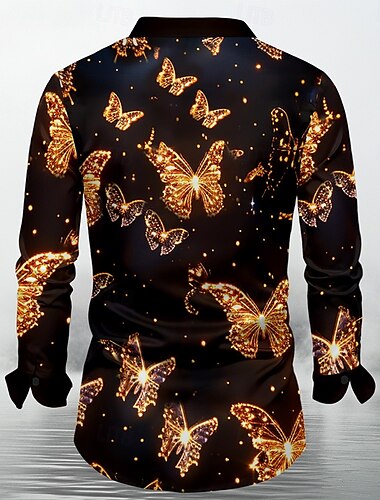  Herren Schmetterling Satinhemd Oberhemd Knopfhemd Langarm Modisch lässig Urlaub Party-Abendgarderobe Alltagskleidung Sommer Frühling Herbst Hemden mit Kragen 3D-Druck Schwarz